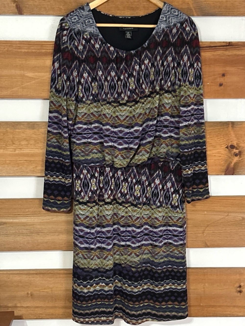 R&M Richards Long Sleeve Elastic Waist Flowy Dress Geometric Pattern Size 16